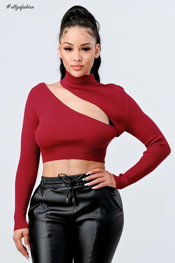 Lux Sweater Rib Cutout Mock Neck Crop Top