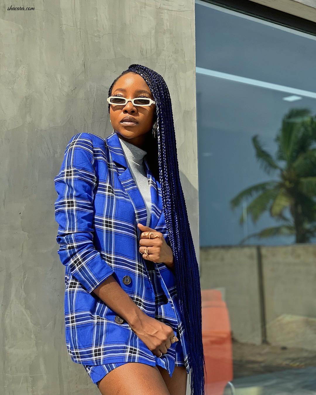 Ini Dima-Okojie Is A Sight For Sore Eyes In This Electric Blue Plaid Look